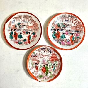 3 Collectible Handpainted Japanese Geisha Design Saucers